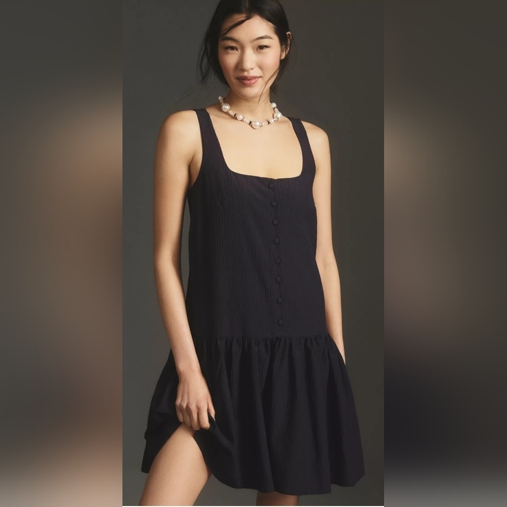 By Anthropologie Square-Neck Seersucker Mini Dress M